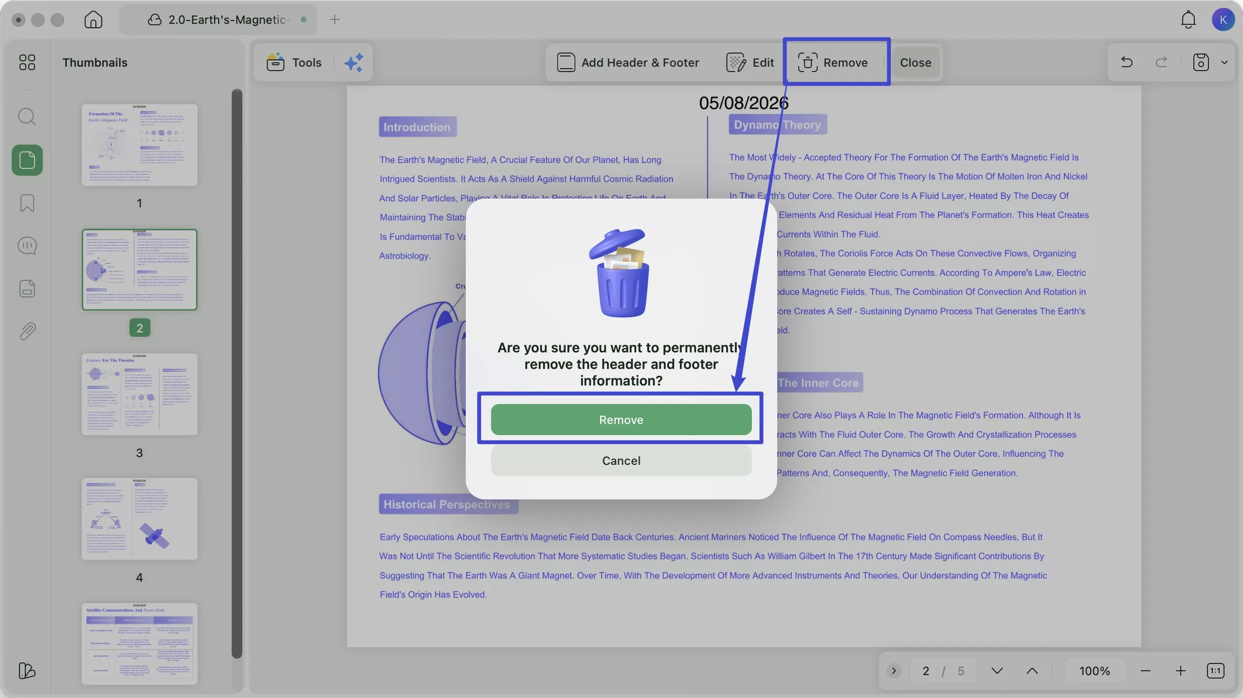 remove pdf header on updf