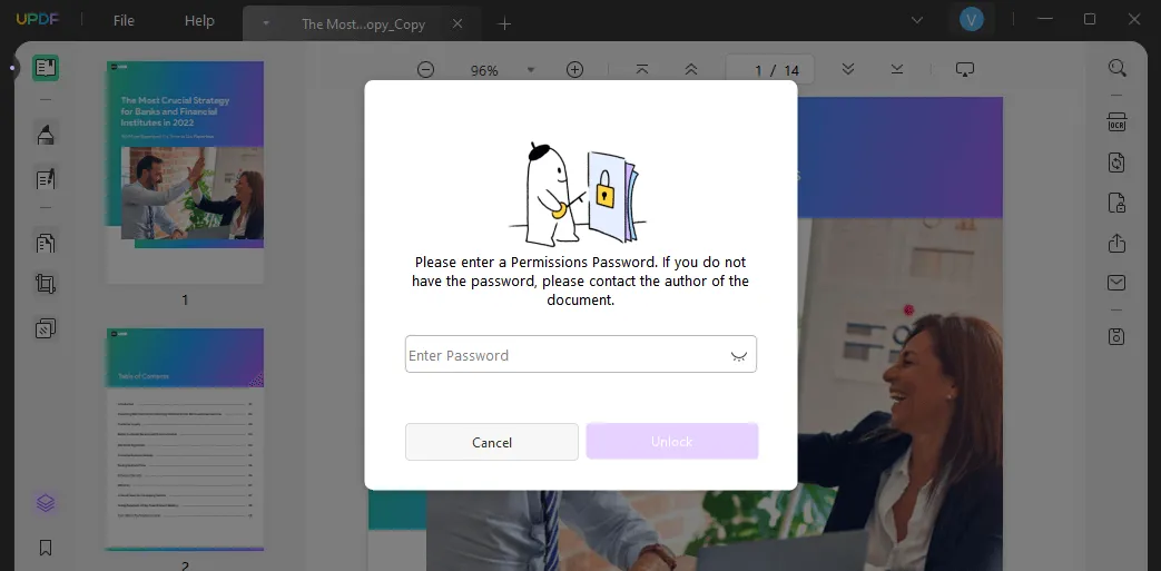 enter password to remove pdf permissions password
