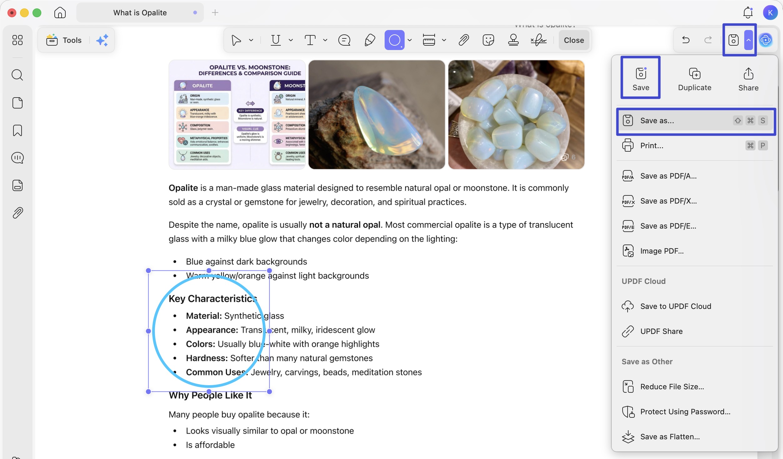 save the pdf with circle updf