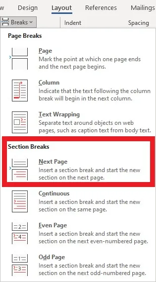 section breaks in word