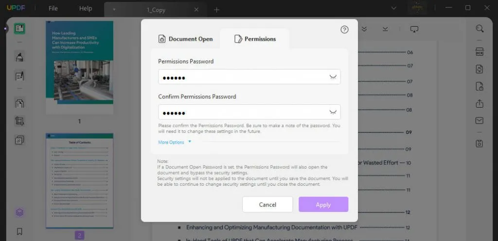 Set permission password on PDF Using UPDF