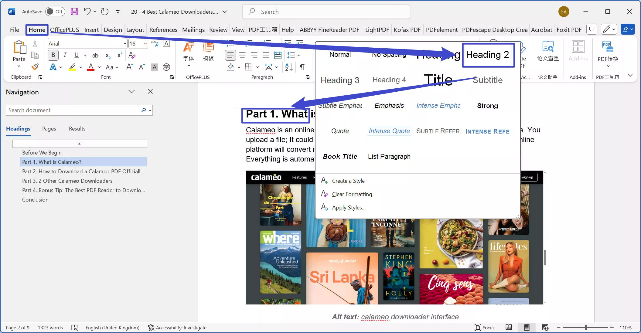 set the section with heading style word