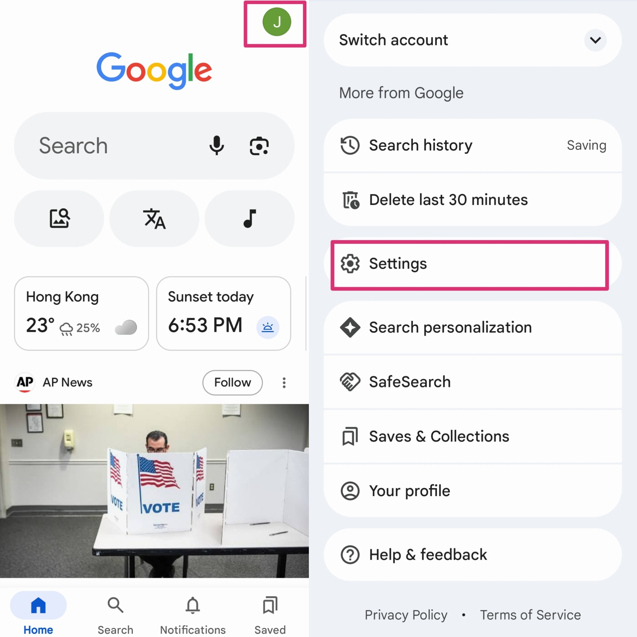 tap profile and settings in chrome
