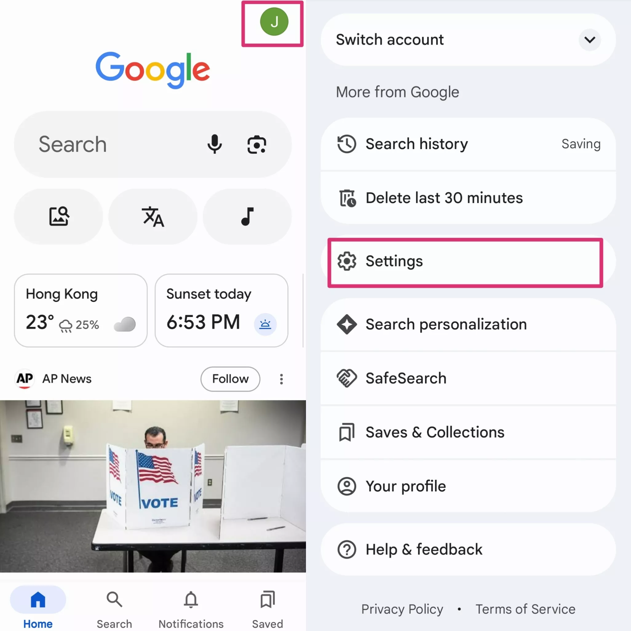 tap profile and settings in chrome