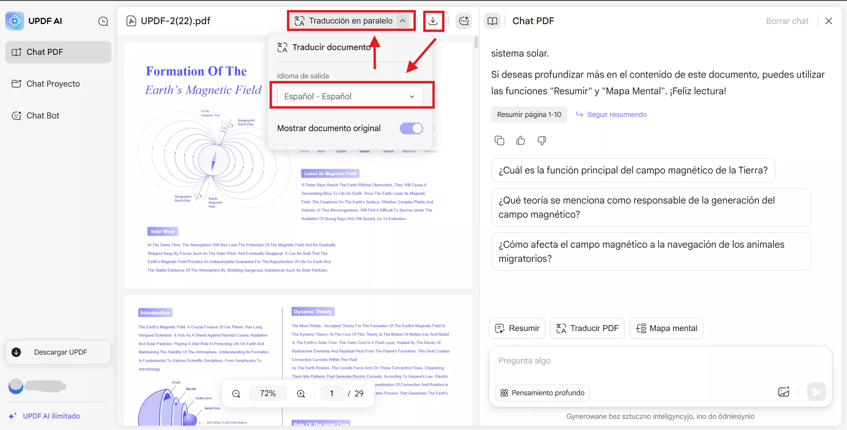 Elija la traducción en paralelo con UPDF AI Online versión