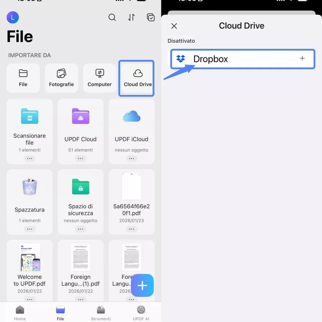 Tap Cloud Drive > Dropbox
