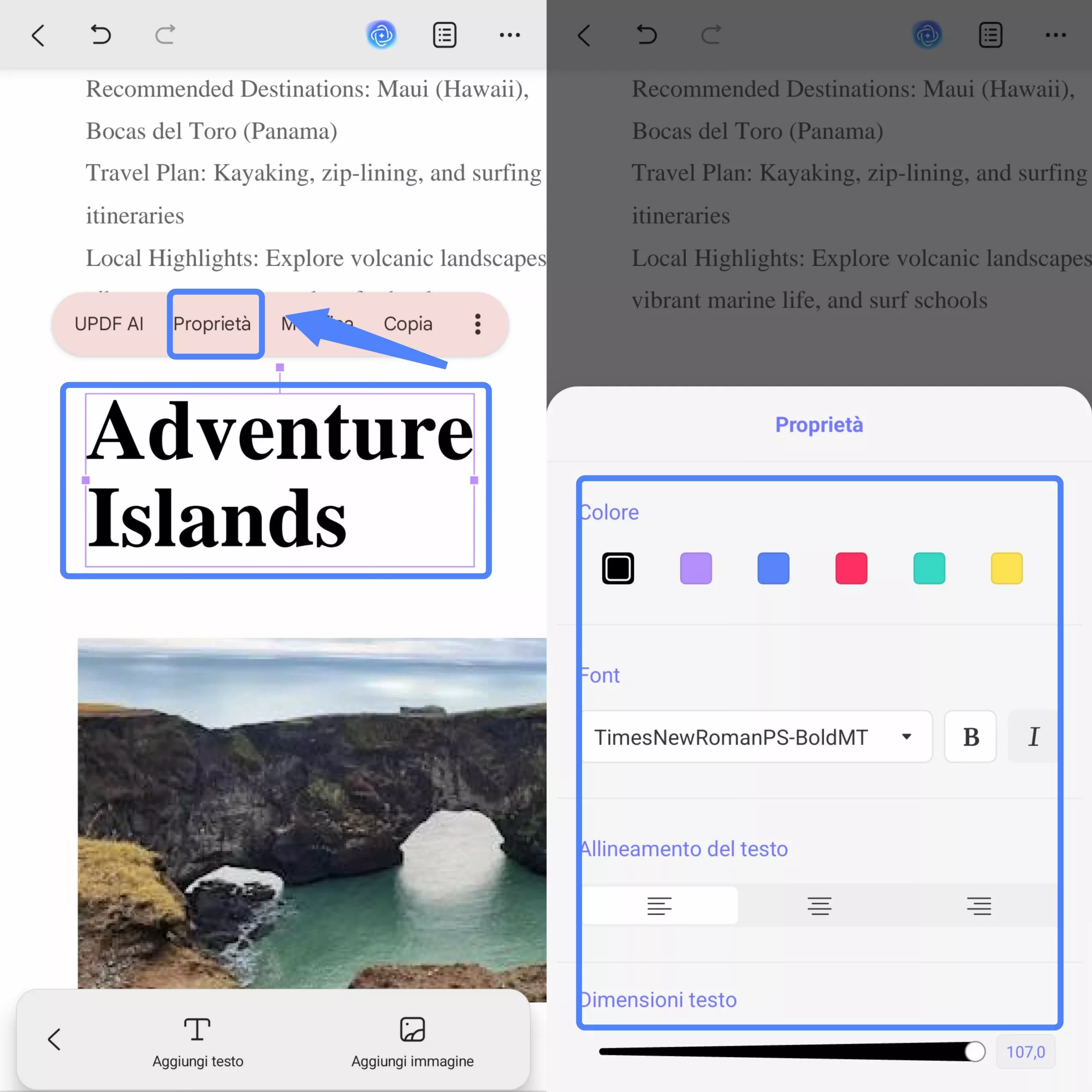 edit the properties of the text