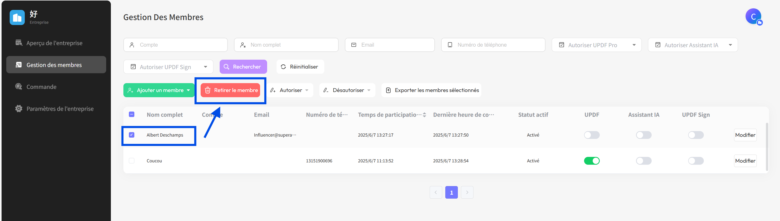 Supprimer un membre dans le tableau de bord de l'entreprise