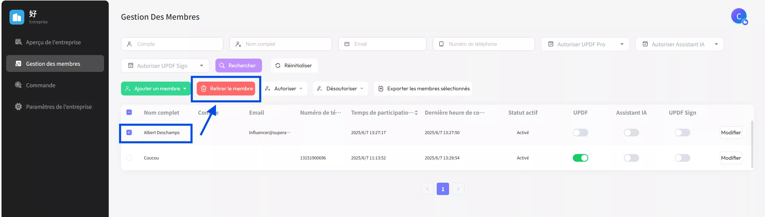 Supprimer un membre dans le tableau de bord de l'entreprise
