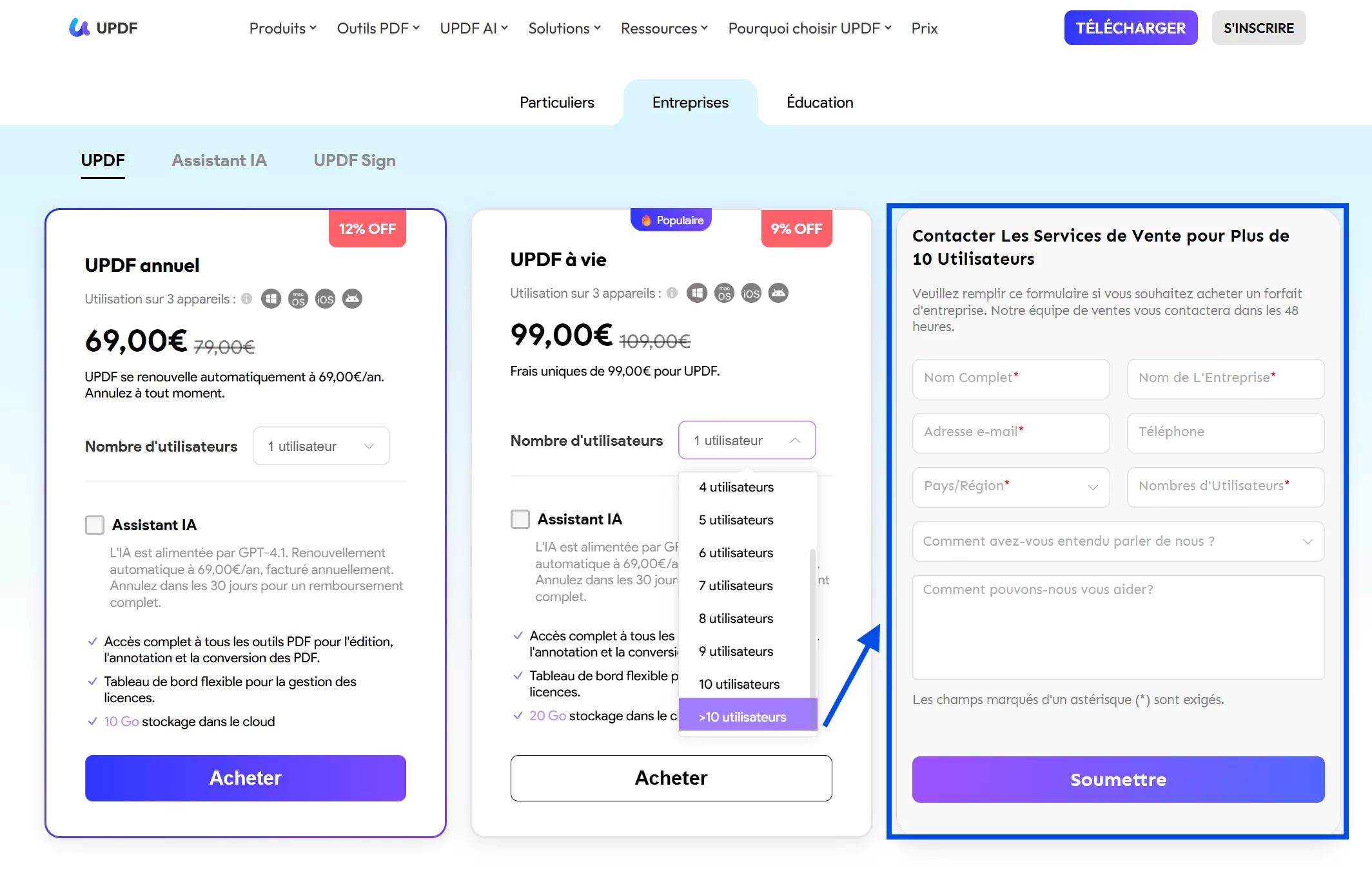 Plus de 10 utilisateurs pour le plan Entreprise