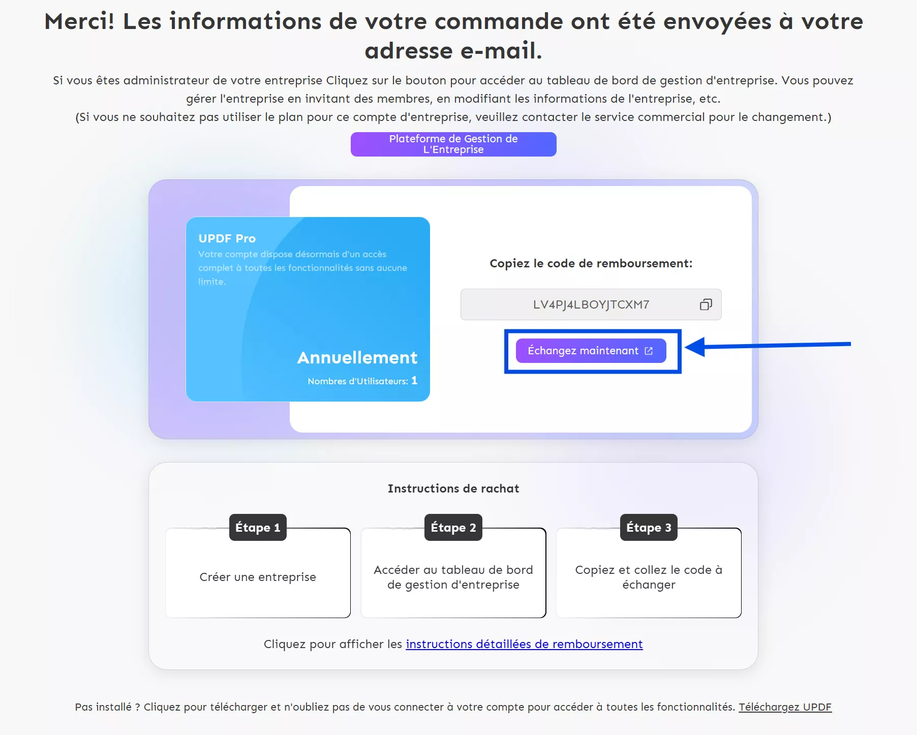 Cliquez sur « Échanger maintenant » pour acheter le plan d'entreprise UPDF
