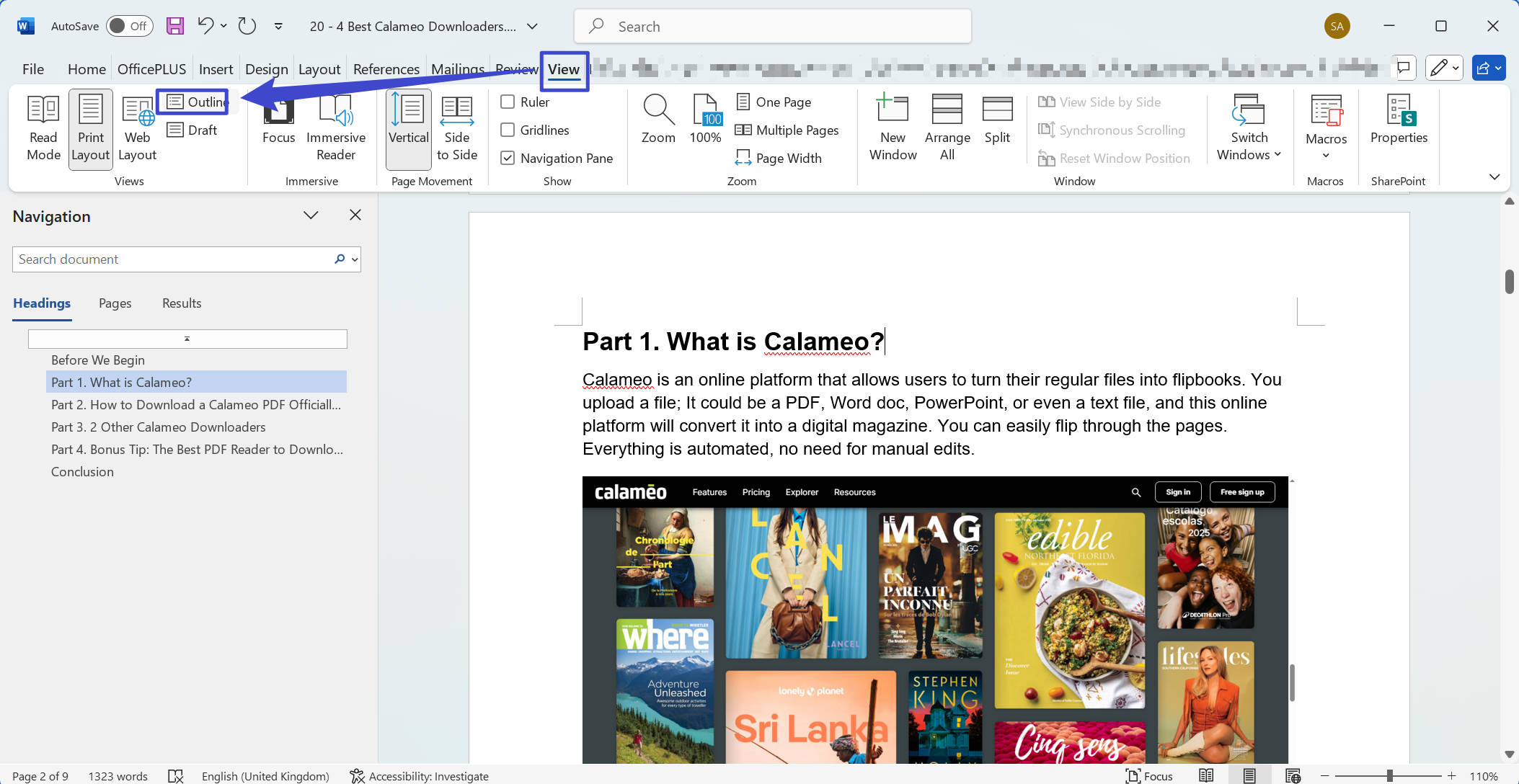 view outline word