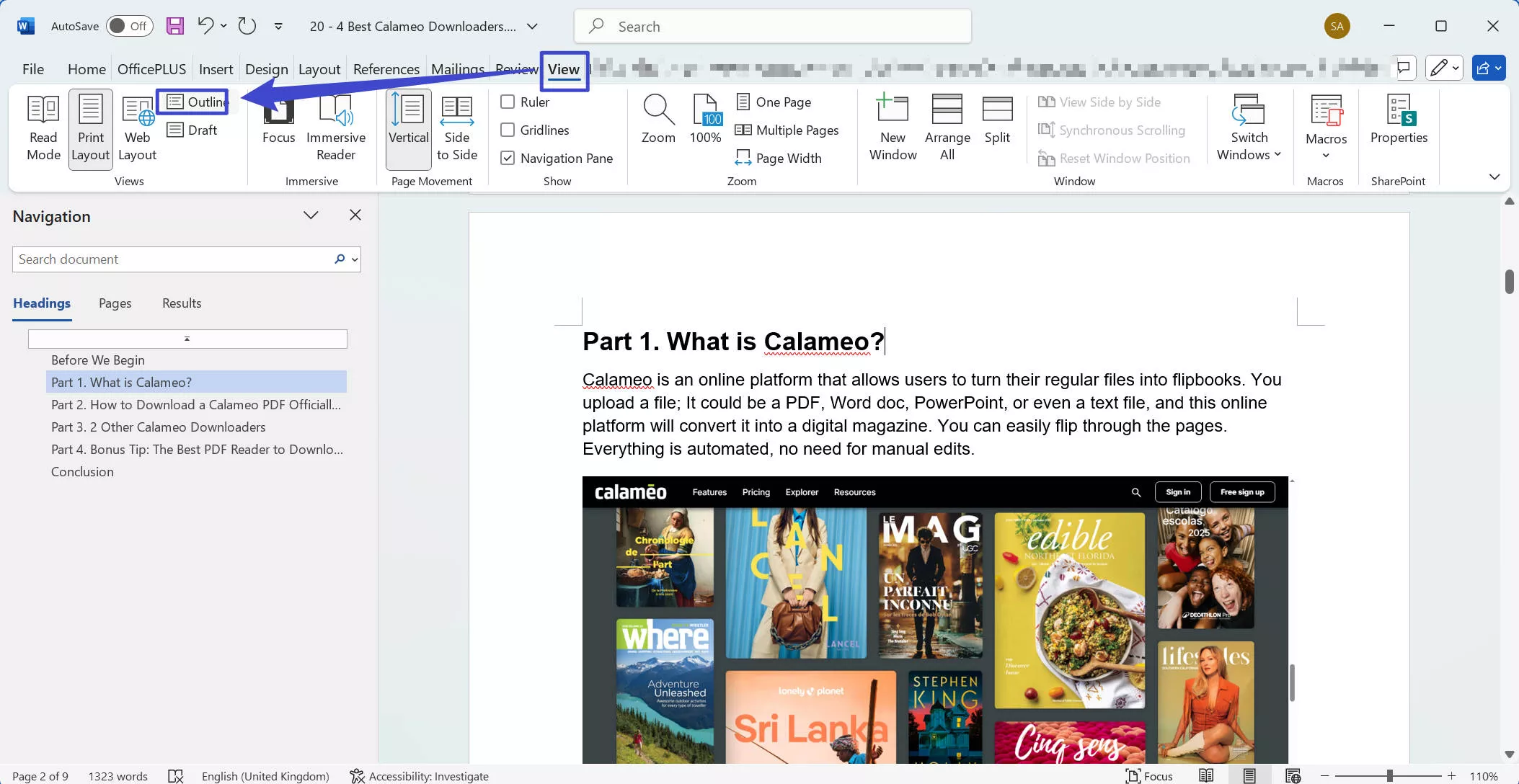 view outline word