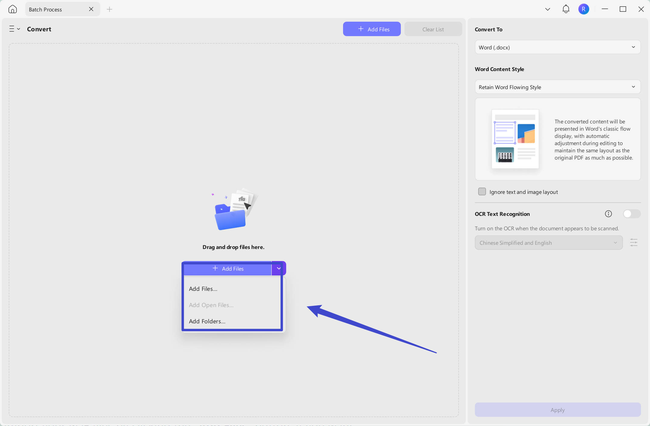 Add files to batch convert UPDF windows