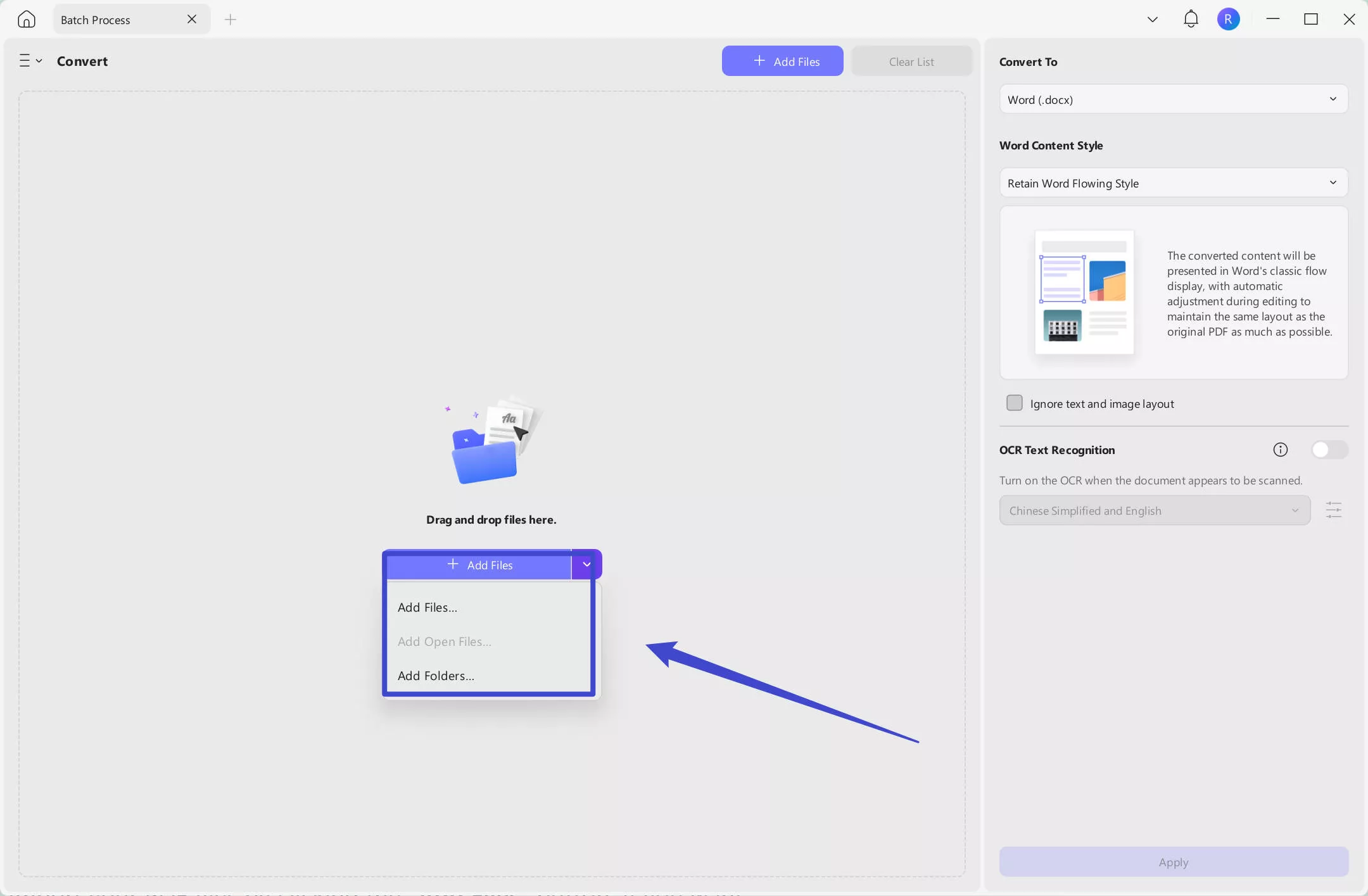 Add files to batch convert UPDF windows
