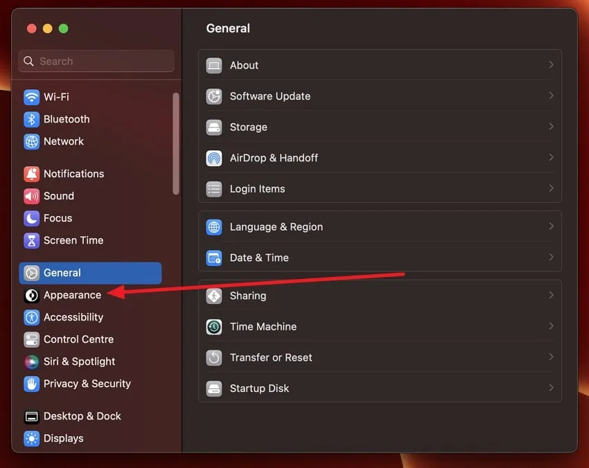 open the Appearance settings on Mac