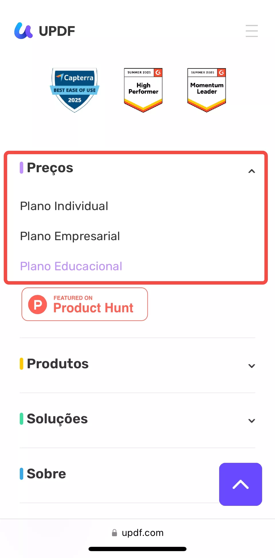 preços no updf sobre plano individual, plano empresarial e plano educacional