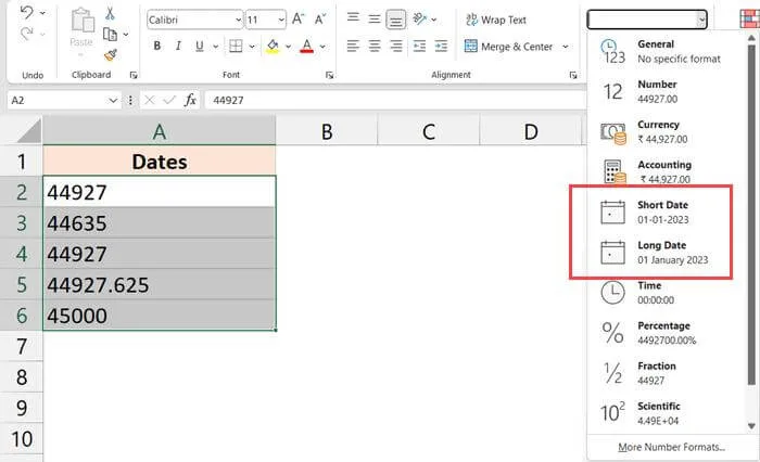 select Short or Long Date format to change text to date in excel