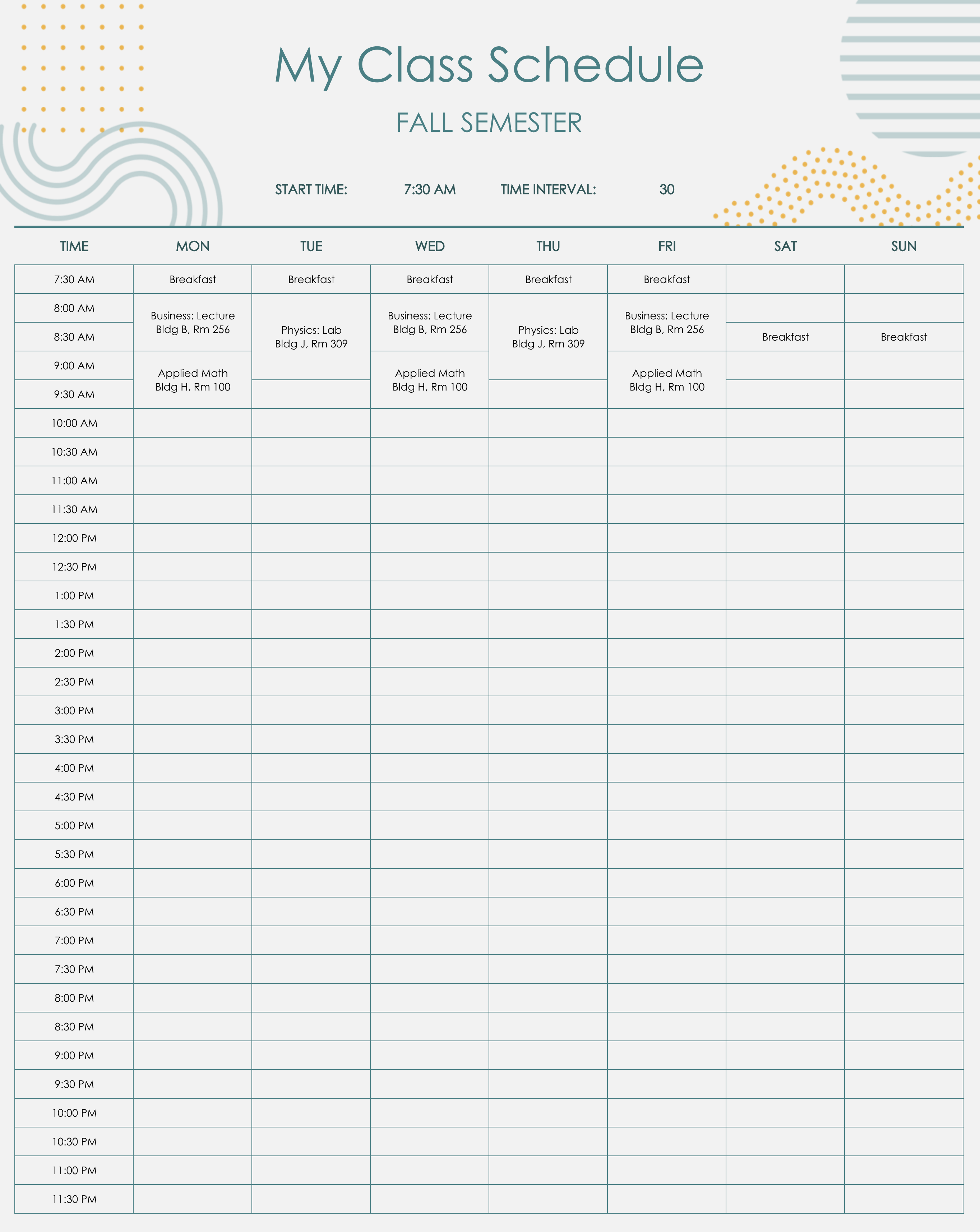 class schedule excel template