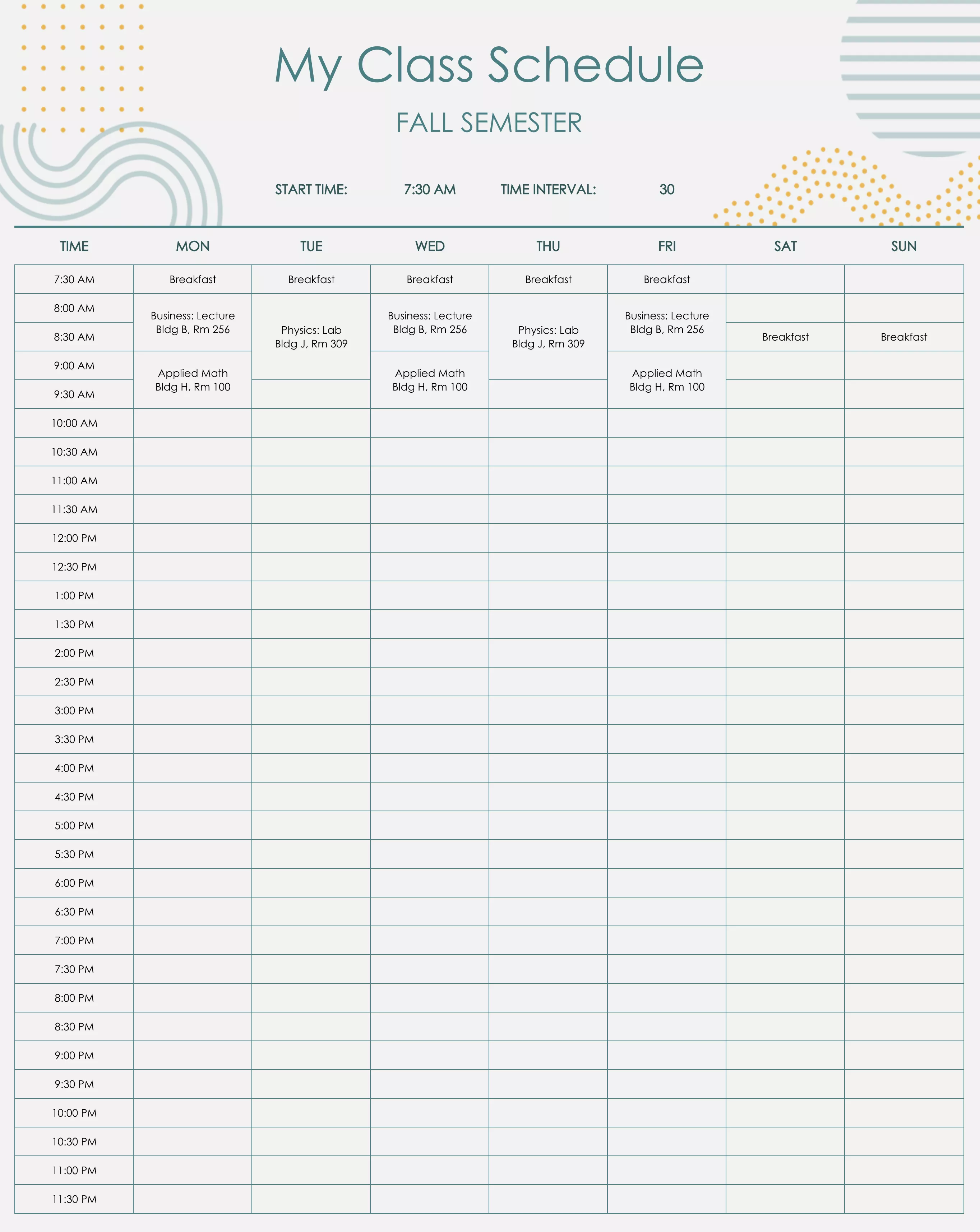 class schedule excel template