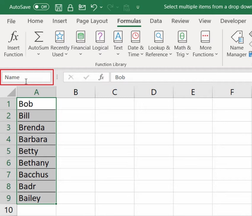 Click inside name box in excel