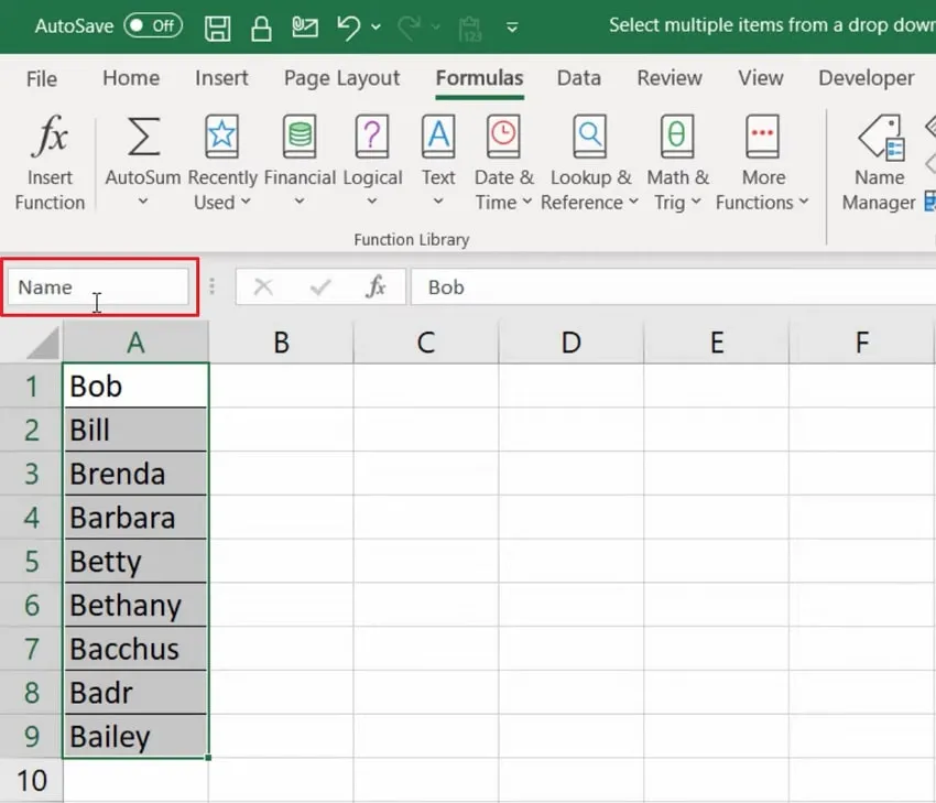Click inside name box in excel