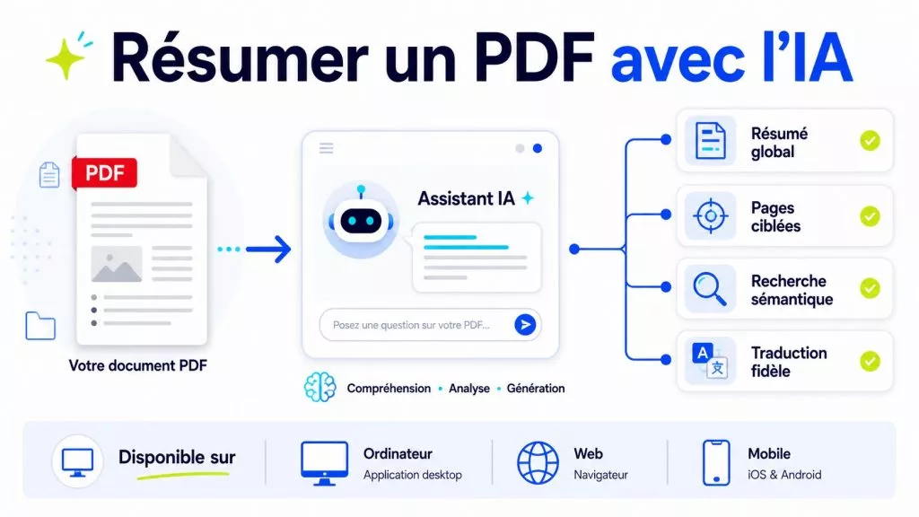 Résumer un PDF avec l’IA : résumé global, pages ciblées, recherche sémantique et traduction fidèle