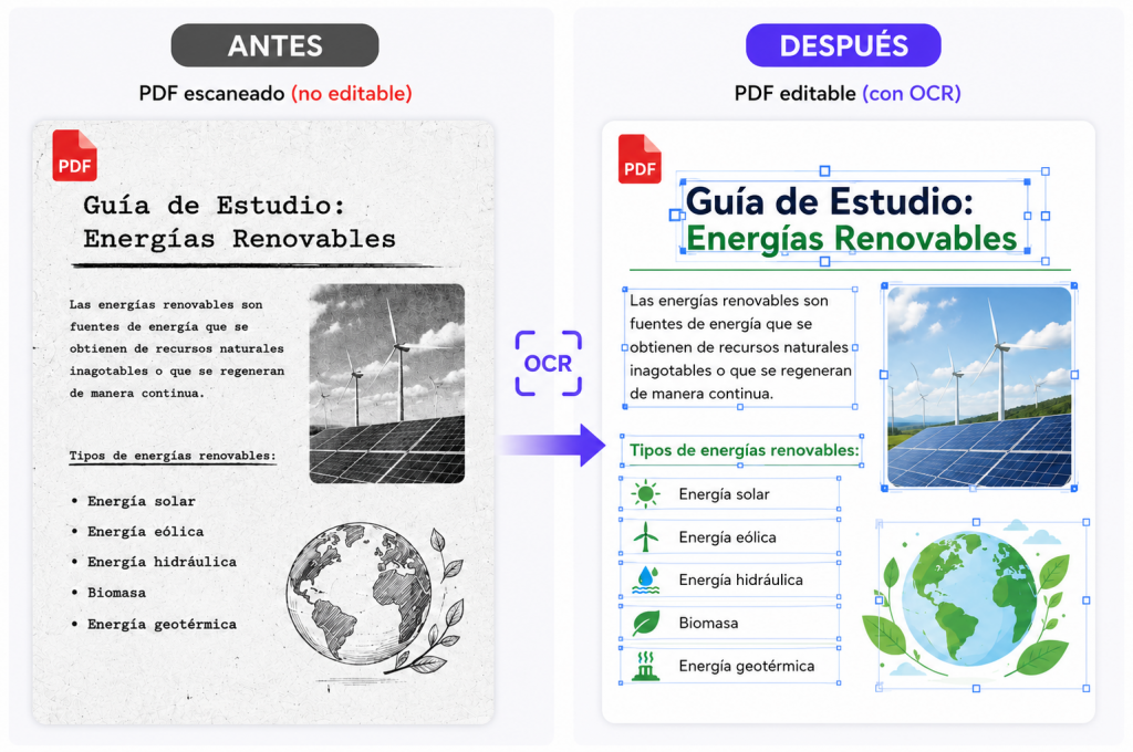 PDF escaneado antes y después de aplicar OCR