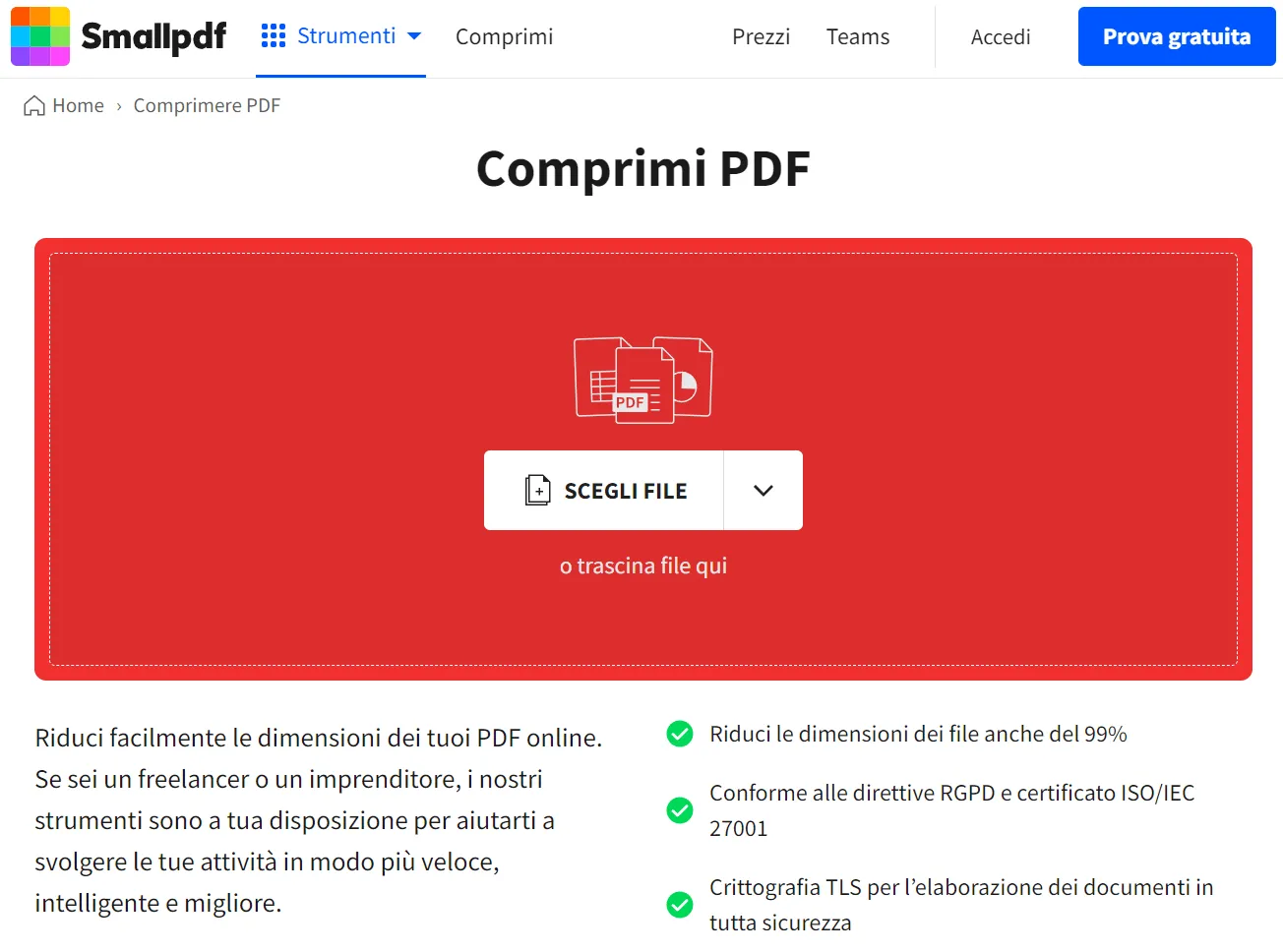 comprimere pdf online con smallpdf