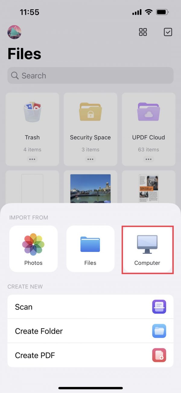 Bouton Ordinateur dans UPDF sur iPhone