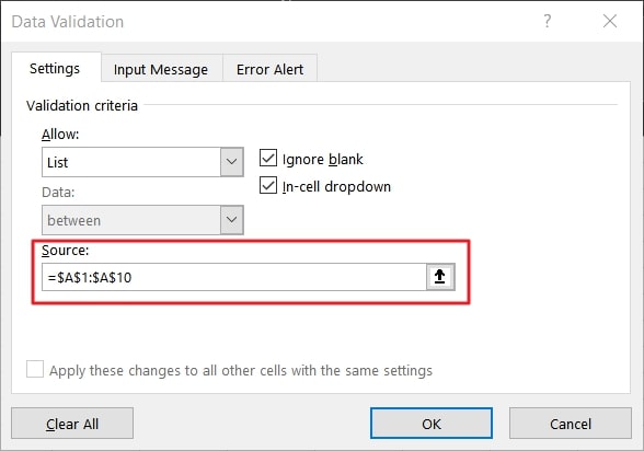 select a range of cells that you want to appear in the drop-down list in source