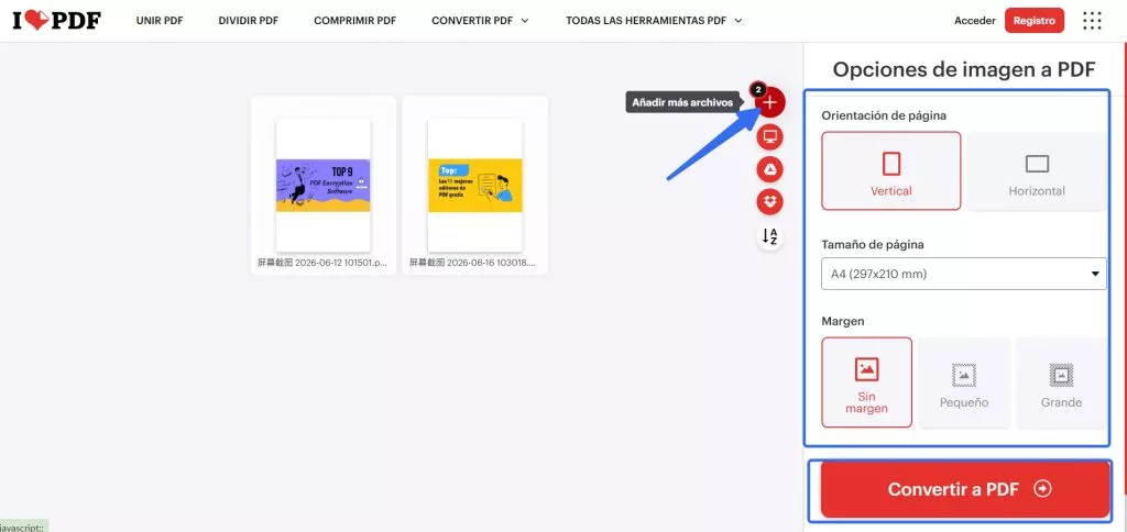 Convertir JPG a PDF online: 