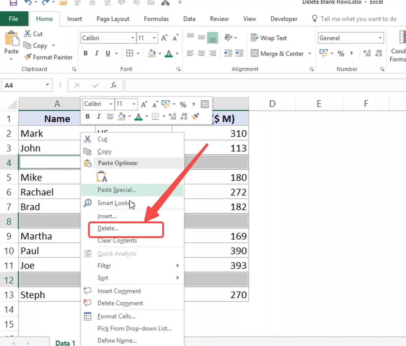 Wählen Sie Löschen nach der Auswahl von Gehe zu Spezial in Excel, um leere Zeilen automatisch zu entfernen Excel
