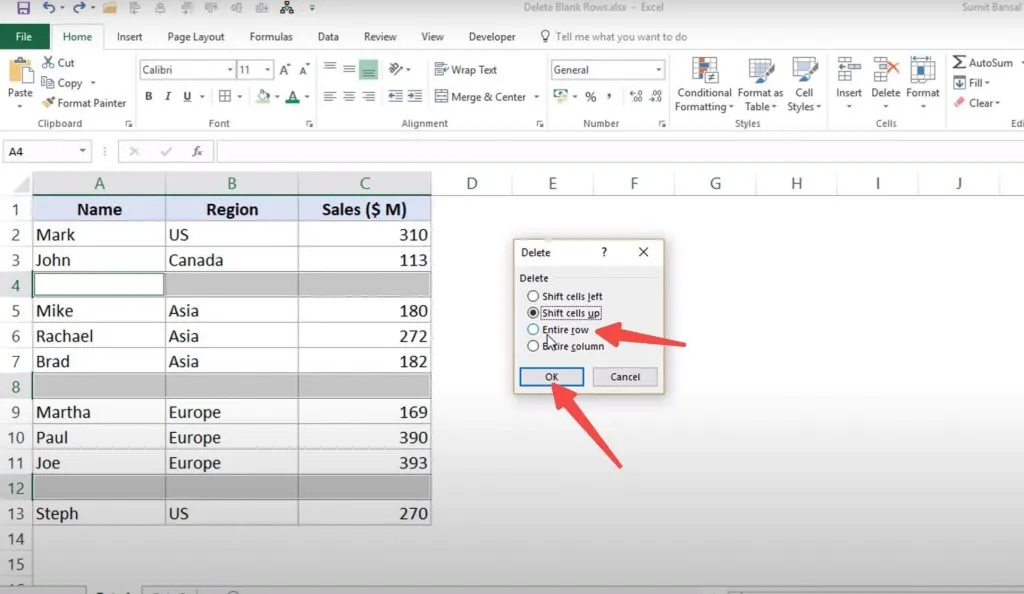 Delete Entire rows in excel via go to special 