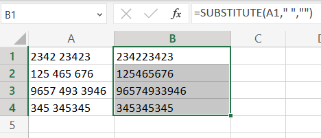 Kopieren der Substitute-Formel zum Entfernen von Leerzeichen in Excel vor Text mit Wechseln