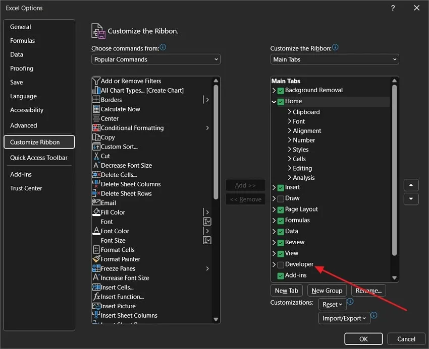 Activer le mode développeur dans Excel