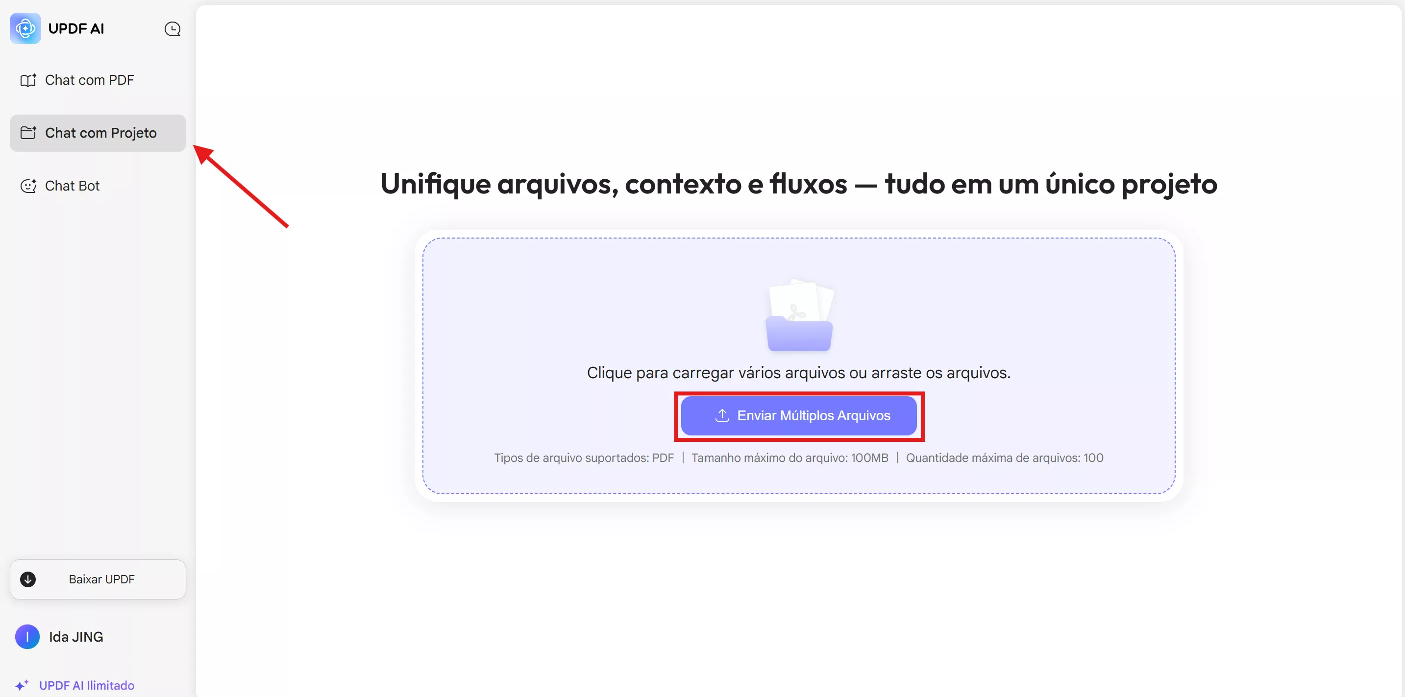 carregar vários arquivos no projeto de chat