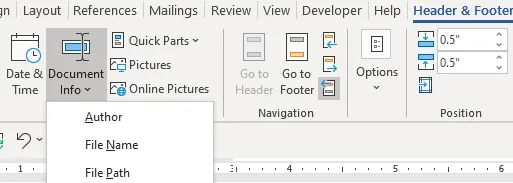 File path in excel for footer