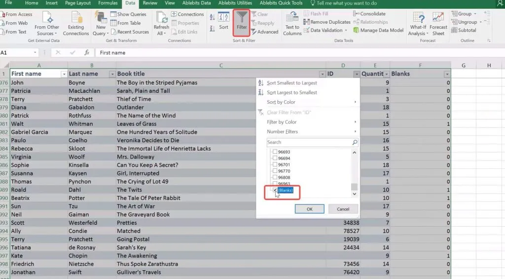 Filtrar espacios en blanco en Excel para eliminar filas en blanco en Excel