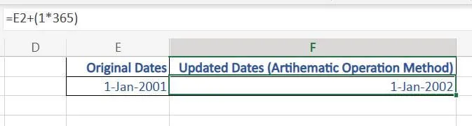  type the formula "=E2+(1*365)" to add years to a date in excel