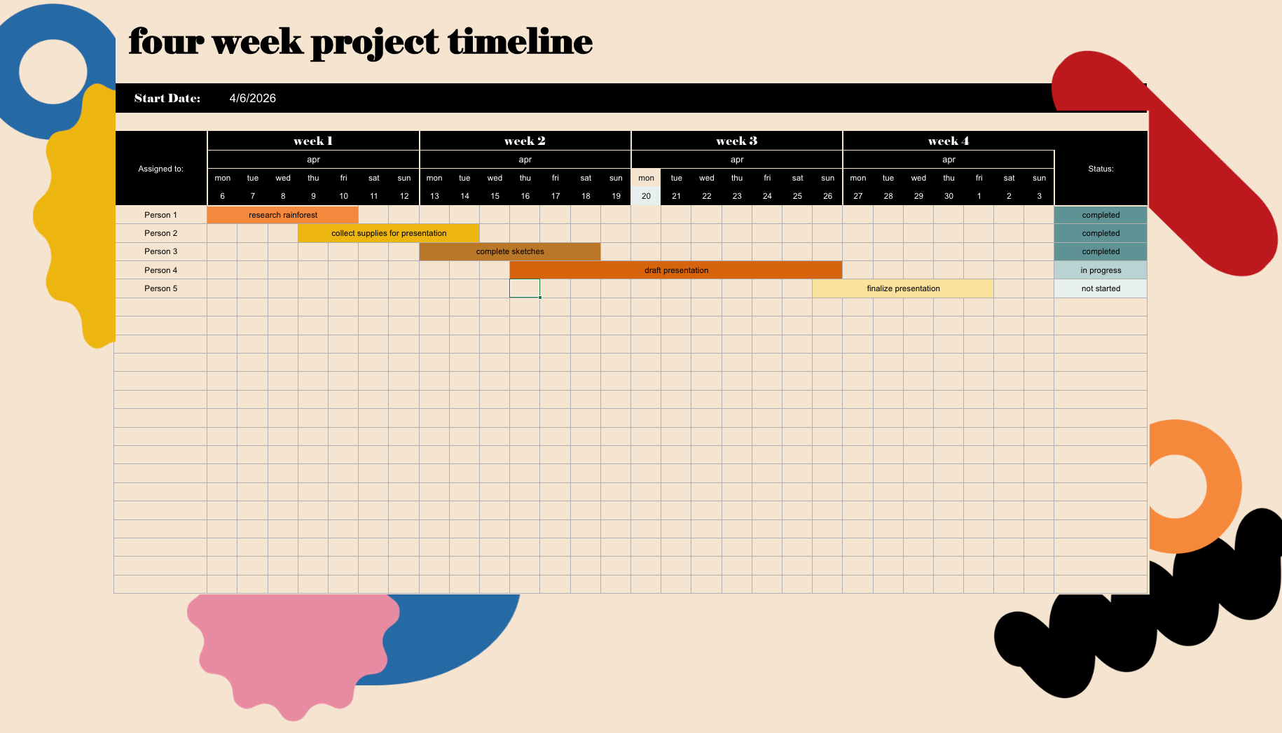 four week project timeline excel template