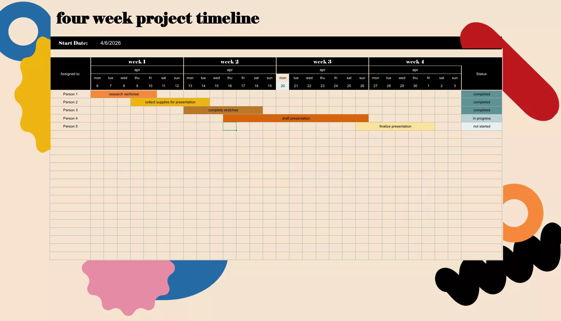 four week project timeline excel template