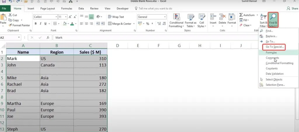 Select Go to special in excel to automatically remove blank rows in excel