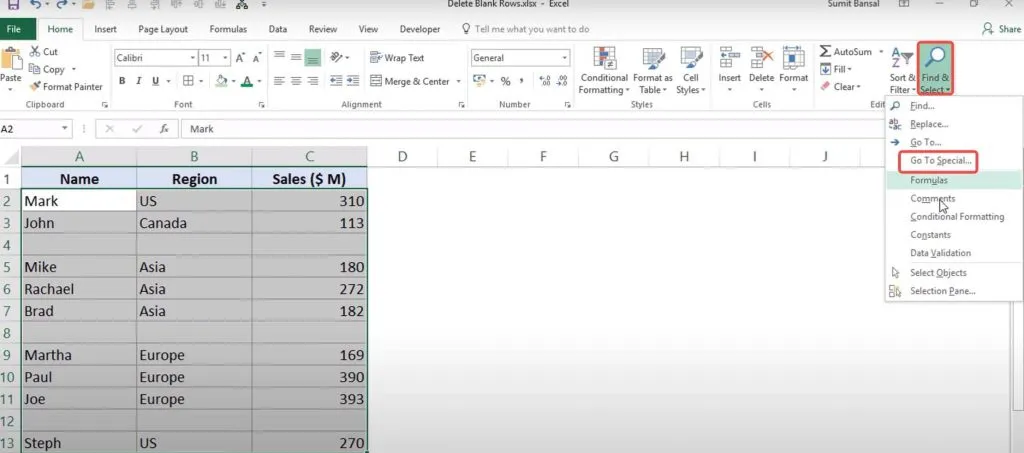 Seleccione Ir a especial en Excel para eliminar automáticamente las filas en blanco en Excel