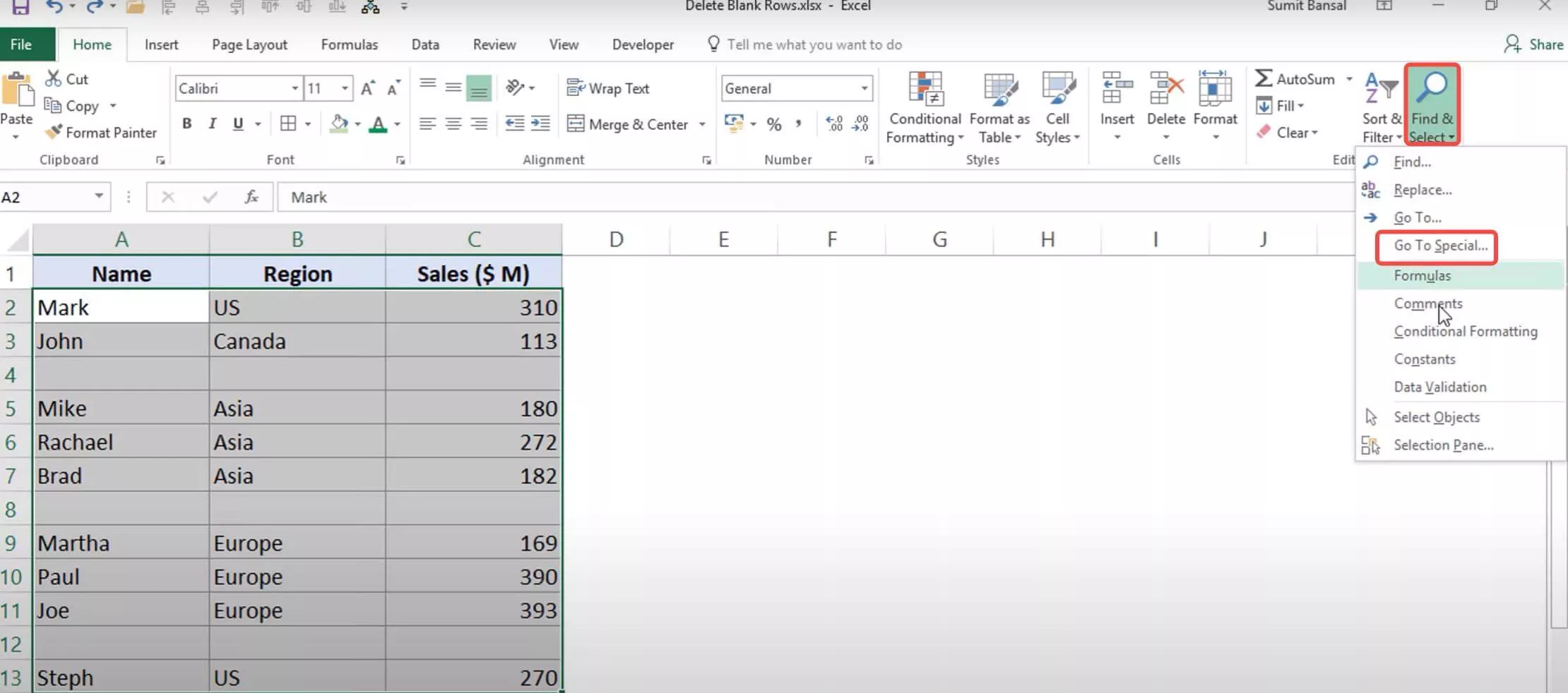 Wählen Sie Gehe zu Spezial in Excel, um automatisch leere Zeilen in Excel zu entfernen.