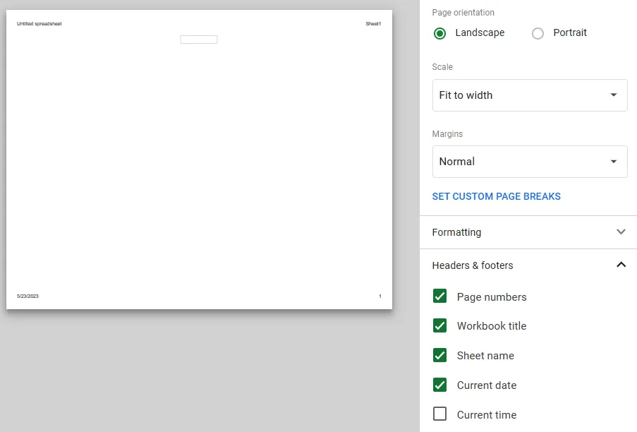 Header and footer option in google sheets