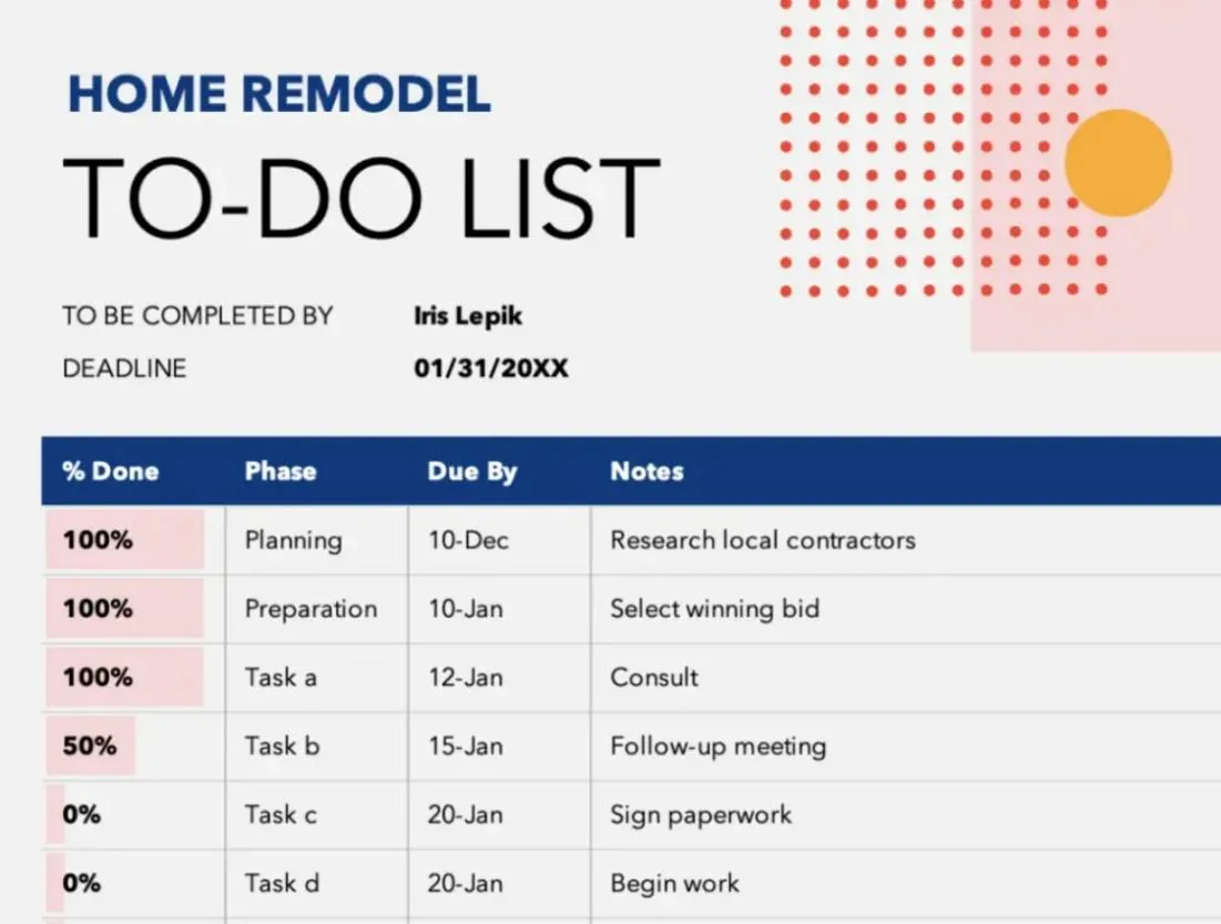 Home Remodel Progress Tracking Template Excel