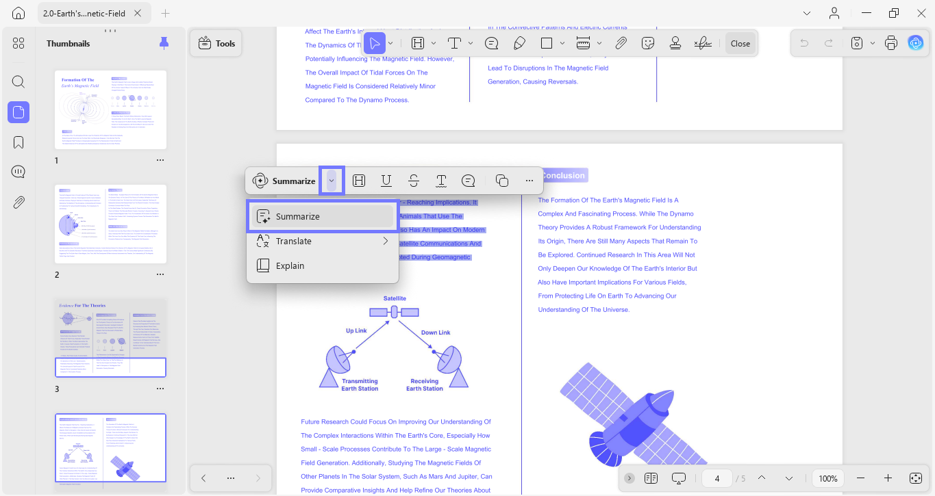 select the text and go to the summarize option