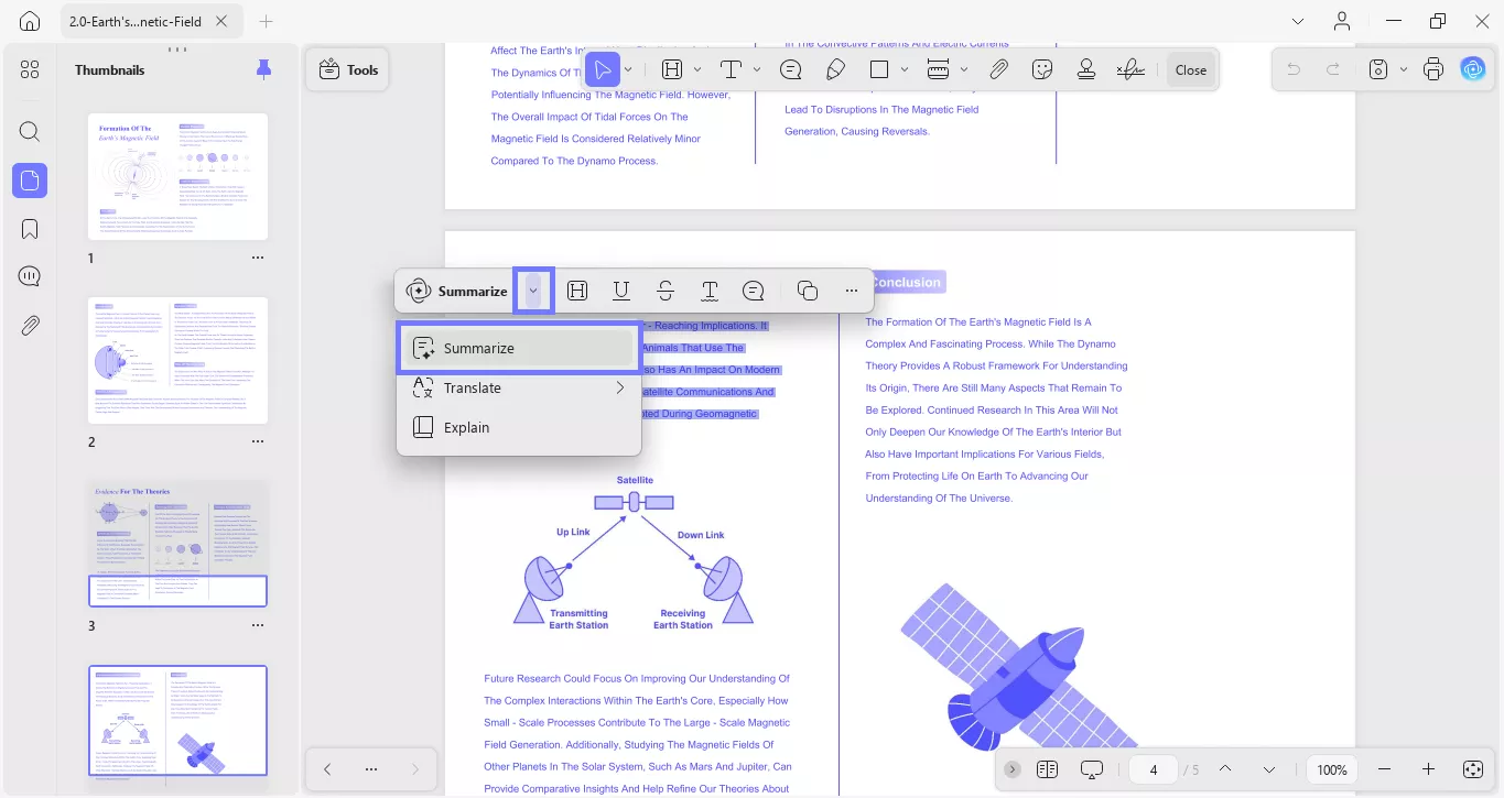select the text and go to the summarize option