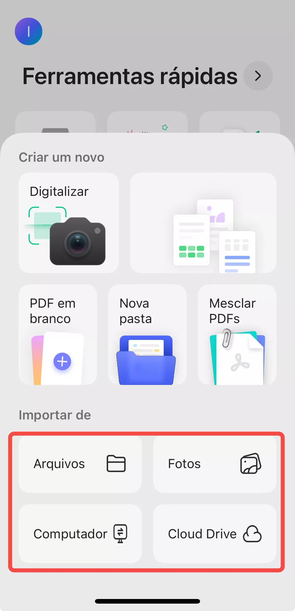 importar de arquivos, fotos, computador e cloud drive